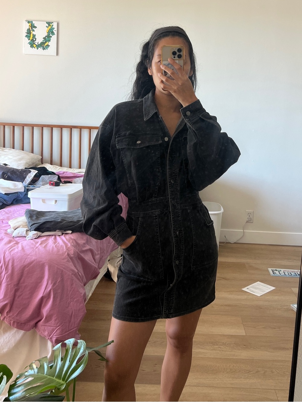 Black Denim Long Sleeve Mini Dress